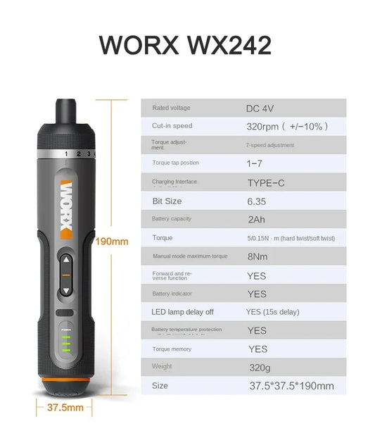 Worx 4V Tournevis Électrique Mini - Précision - Compatible WX240 WX241 WX242 WX242