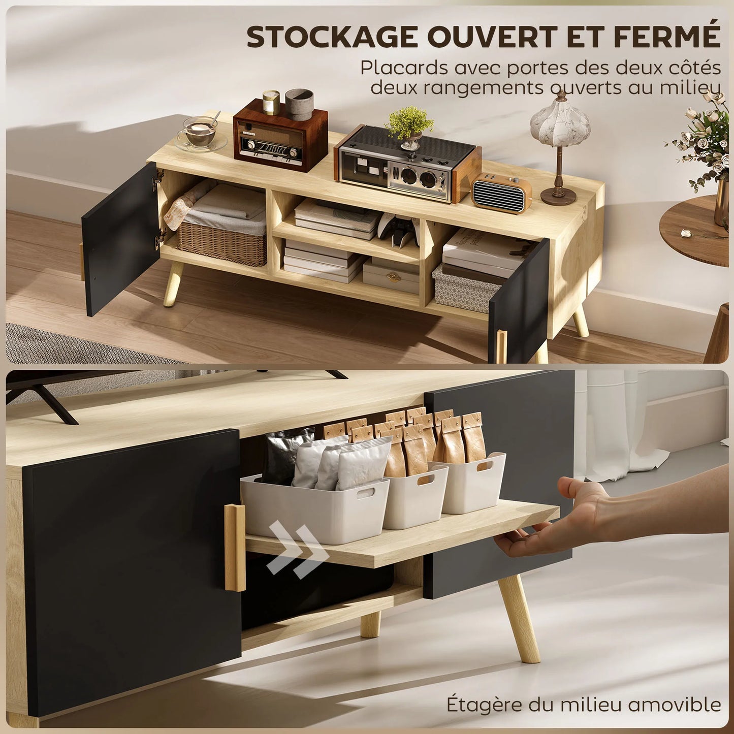 Meuble TV 110 cm – 2 placards, niches et passe-câbles