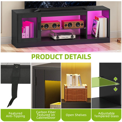Meuble TV 148 cm – étagères en verre, finition noire