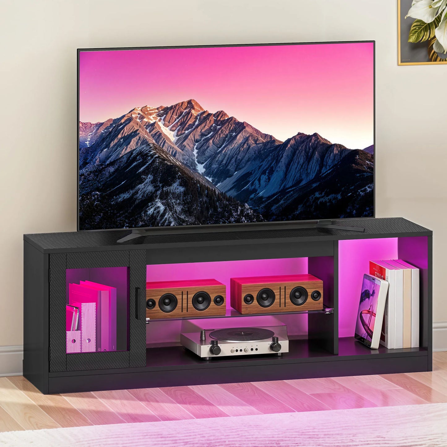 Meuble TV 148 cm – étagères en verre, finition noire