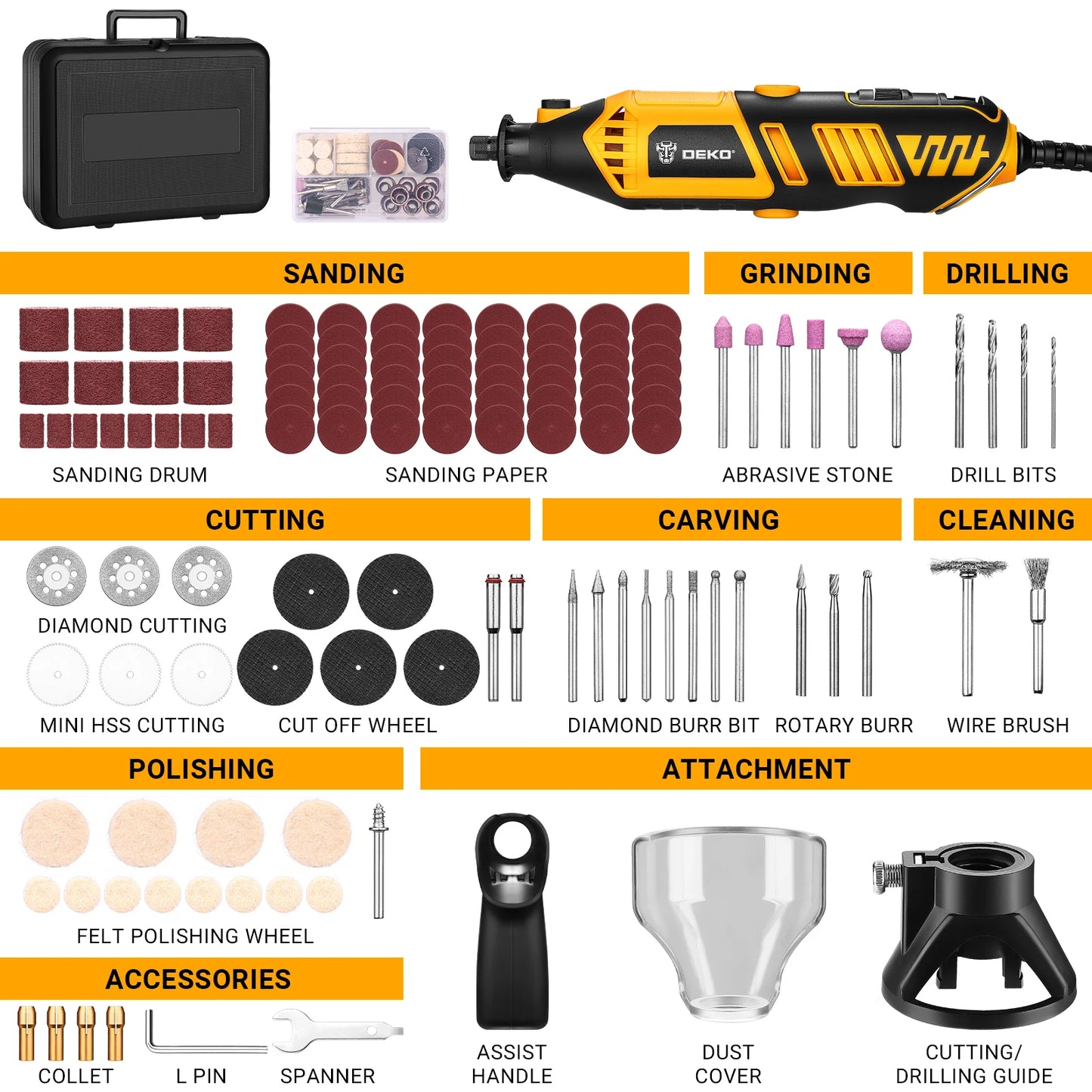 DEKO Kit Outil Rotatif DKRT170Y1 - Précision Multi-Matériaux - Vitesse Variable 126Pcs EU 170w 220v 35000 rpm 50 60hz _Hi_chtgptapp_optimised_this_description-generator _Hi_chtgptapp_optimised_this_seo-meta-description _Hi_chtgptapp_optimised_this_seo-meta-title _Hi_chtgptapp_optimised_this_tags-generator _Hi_chtgptapp_optimised_this_title-generator batterie bricolage deko dkrt170y1 découpe gravure matériaux meulage mini perceuse multi outil rotatif polissage ponçage précision sculpture vitesse variable