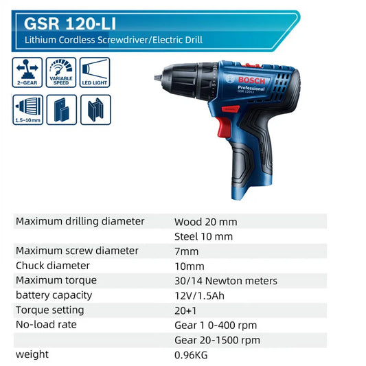 Bosch GSR 120-LI Perceuse Sans Fil 12V - Puissante pour Travaux Métal et Bois - Manuzen