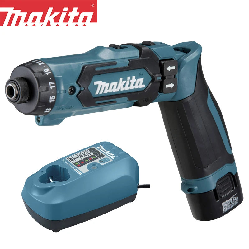 Makita DF012 Tournevis Électrique 7.2V Lithium-Ion Sans Fil, Angle Droit 90 Degrés, Arrêt Automatique pour Précision et Efficacité en Chantier - Manuzen
