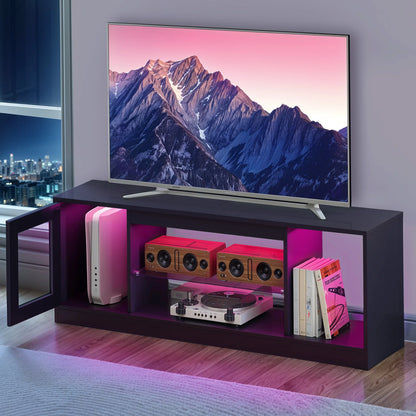 Meuble TV 148 cm – étagères en verre, finition noire