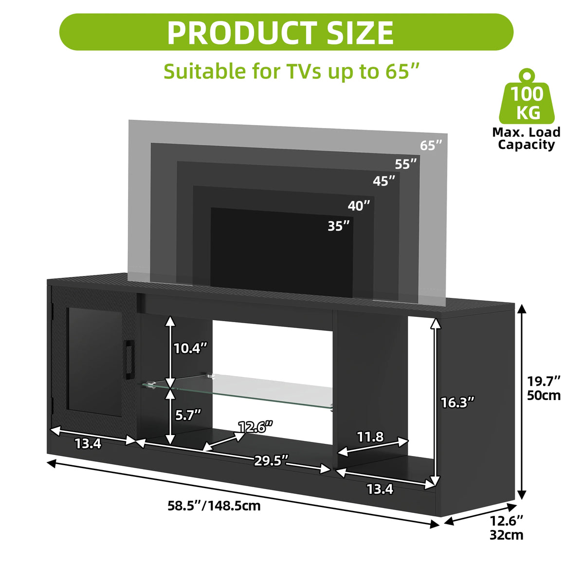 Meuble TV 148 cm – étagères en verre, finition noire