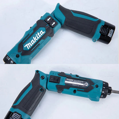 Makita DF012 Tournevis Électrique 7.2V Lithium-Ion Sans Fil, Angle Droit 90 Degrés, Arrêt Automatique pour Précision et Efficacité en Chantier - Manuzen