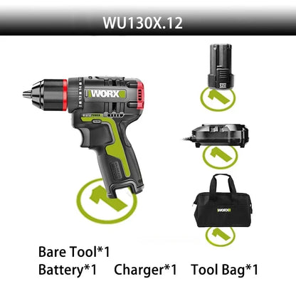 Worx WU130X Visseuse-Perceuse 12V 40 Nm Brushless - Couple Fort Li-Ion WU130X-12