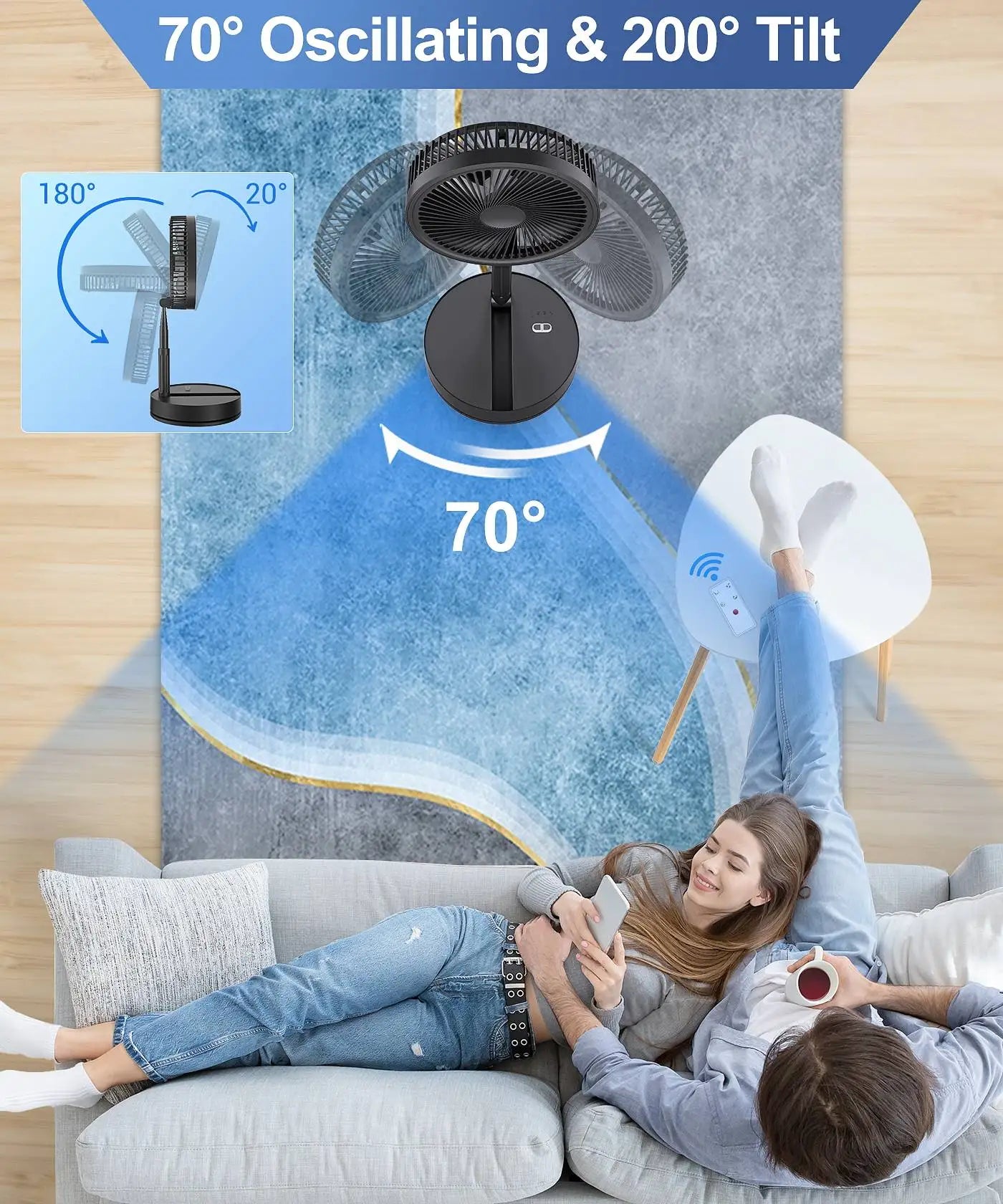 Ventilateur Portable Pliable Rétractable Avec Télécommande Rechargeable 7200mAh