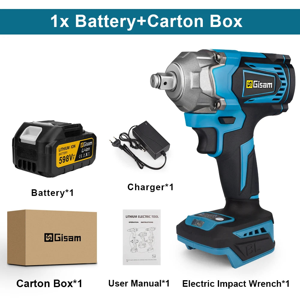 GISAM Clé À Chocs Sans Balais 1200 Nm Couple Élevé Carré 1 2 Compatible Makita 18 V 1 Batterie & carton Allemagne