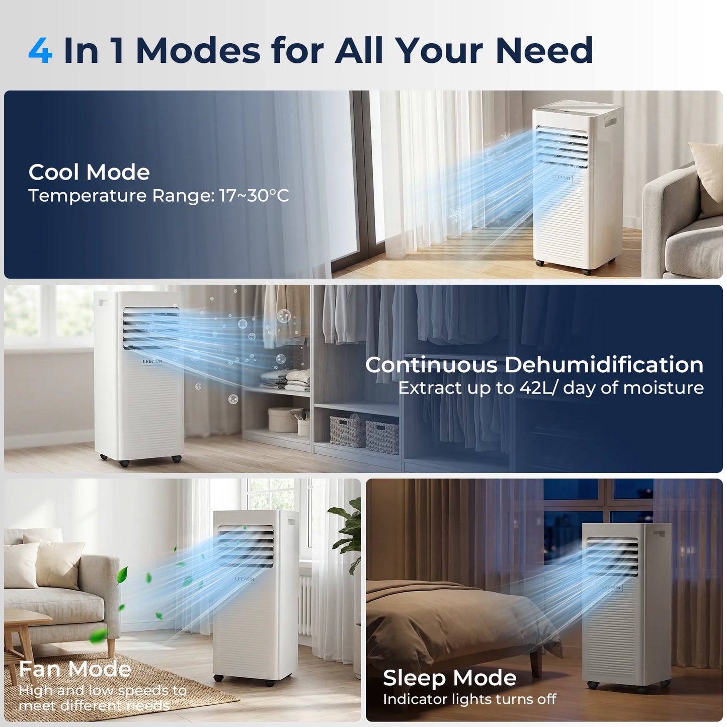 Climatiseur Mobile 14000 BTU Refroidissement Déshumidification Pièces 100 m3