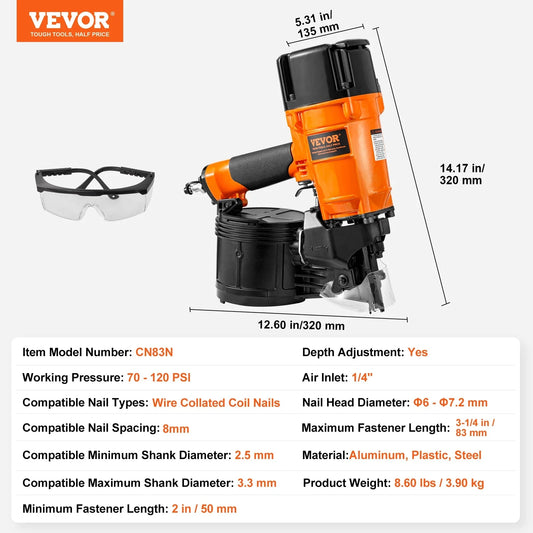 VEVOR Cloueur À Bobine Pneumatique Pro Haute Cadence - 70-120 PSI, CN55-CN90