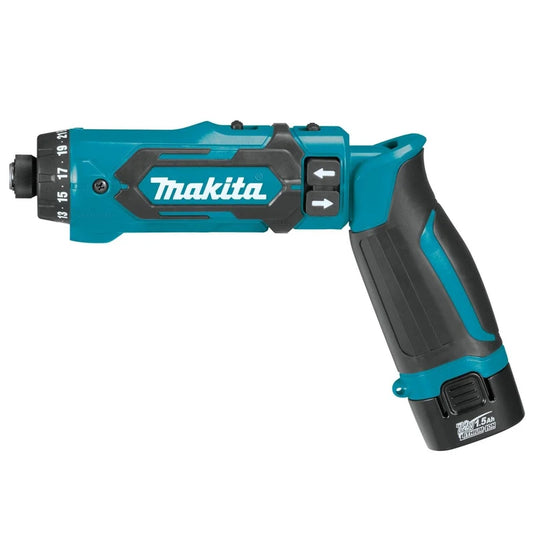 Makita DF012 Tournevis Électrique 7.2V Lithium-Ion Sans Fil, Angle Droit 90 Degrés, Arrêt Automatique pour Précision et Efficacité en Chantier - Manuzen