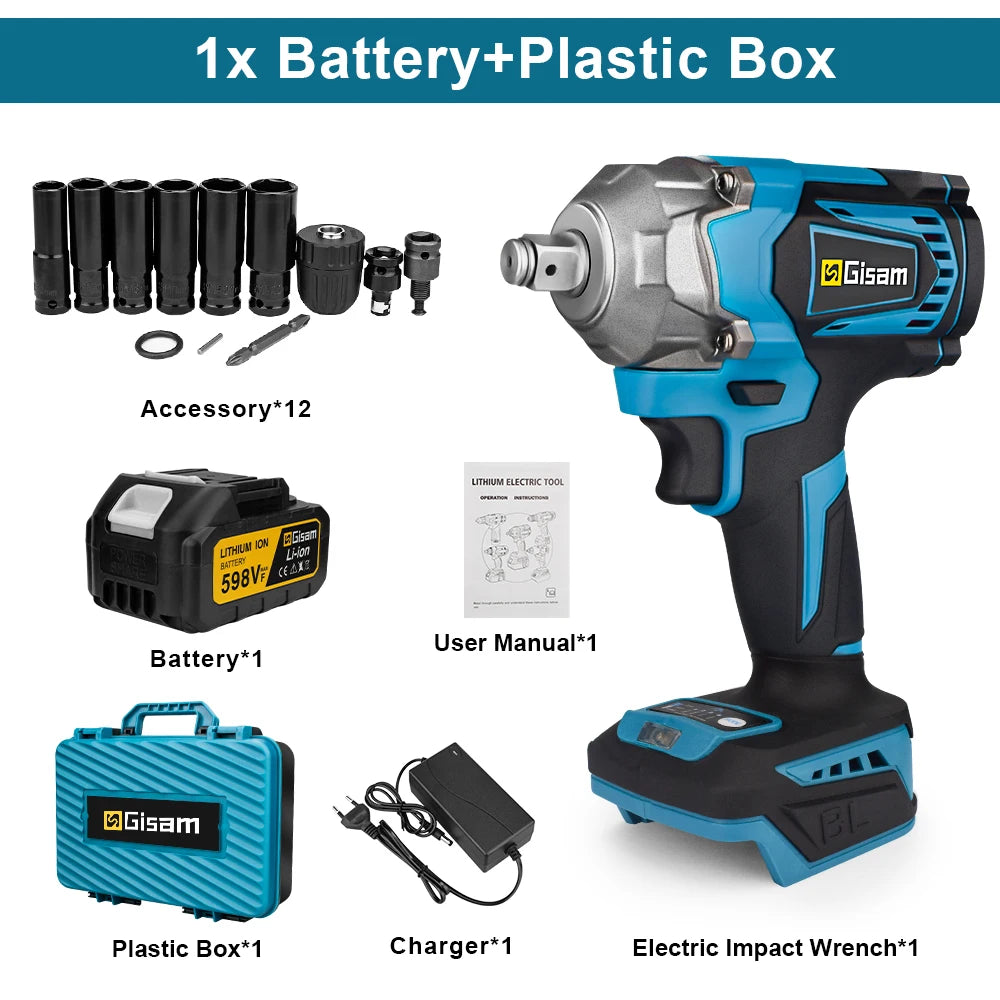 GISAM Clé À Chocs Sans Balais 1200 Nm Couple Élevé Carré 1 2 Compatible Makita 18 V 1 Batterie & box Allemagne