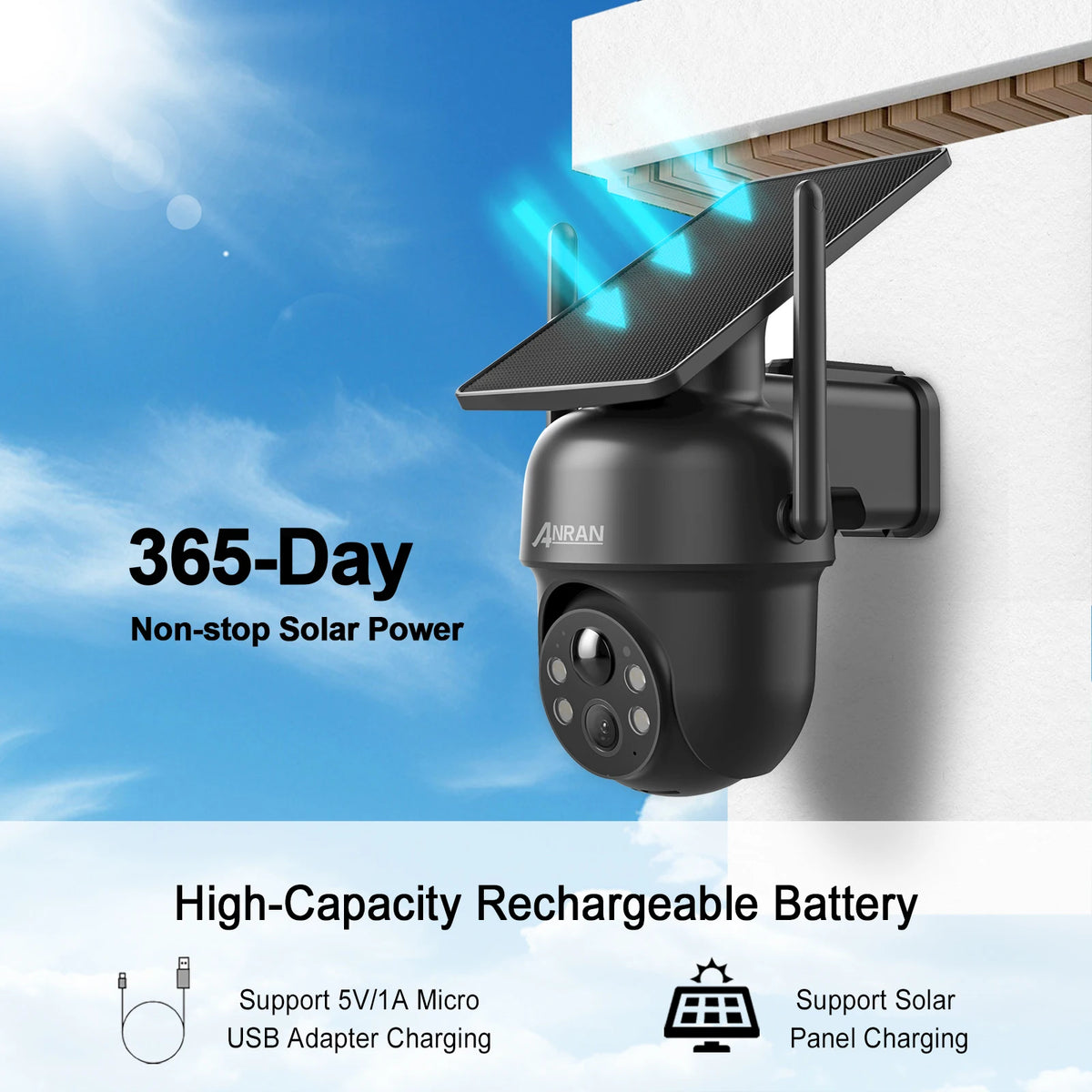 Caméra solaire extérieure Wi-Fi – 3 ou 5 MP, détection PIR