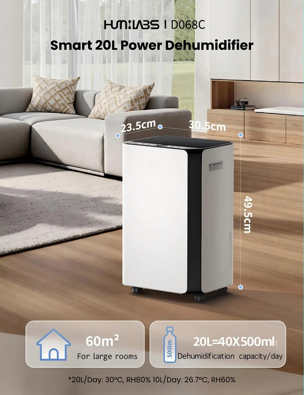 Déshumidificateur Portable 20L Humilabs OL20BD068CF Filtre Amovible