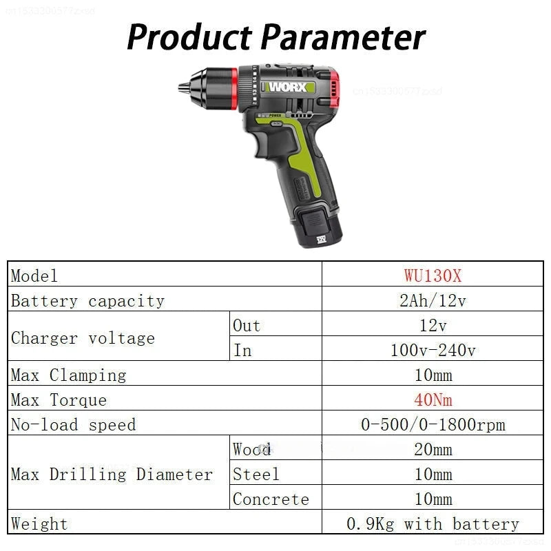 Worx WU130X Visseuse-Perceuse 12V 40 Nm Brushless - Couple Fort Li-Ion