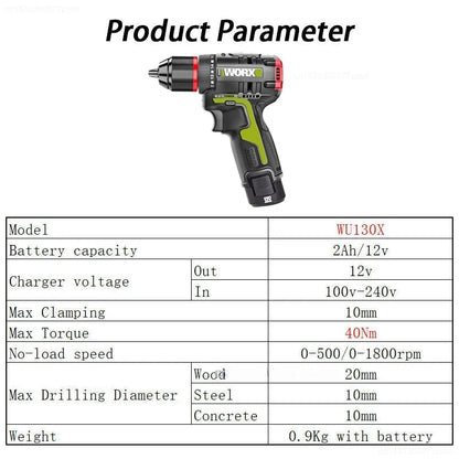 Worx WU130X Visseuse-Perceuse 12V 40 Nm Brushless - Couple Fort Li-Ion
