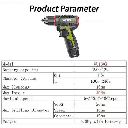 Worx WU130X Visseuse-Perceuse 12V 40 Nm Brushless - Couple Fort Li-Ion