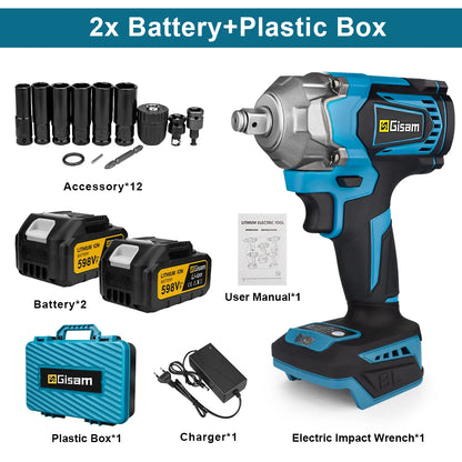 GISAM Clé À Chocs Sans Balais 1200 Nm Couple Élevé Carré 1 2 Compatible Makita 18 V 2 Batteries & box France