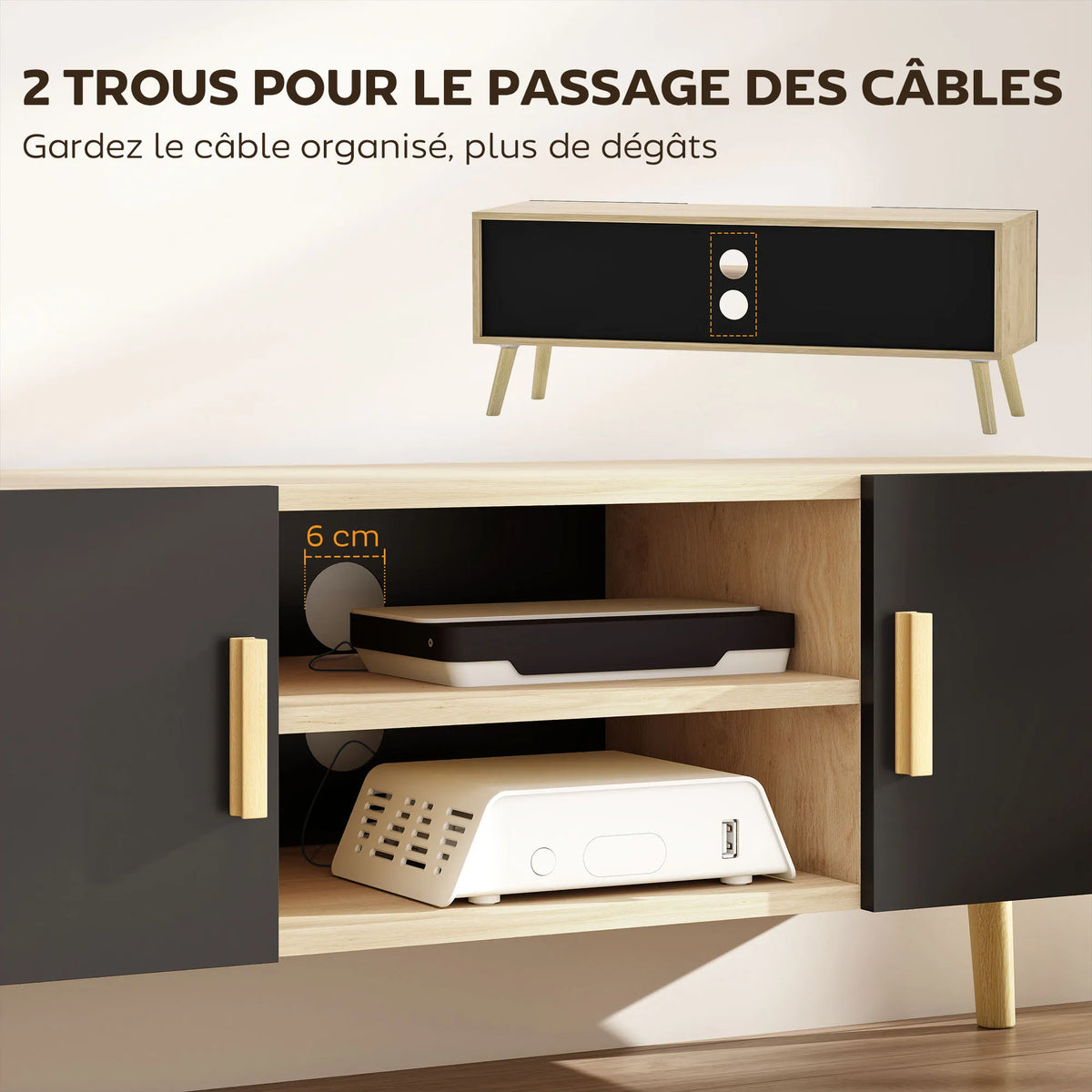 Meuble TV 110 cm – 2 placards, niches et passe-câbles