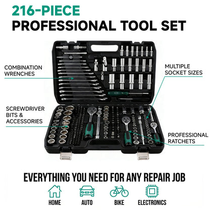 Coffret mécanique 216 pièces – cliquets 1/4″, 3/8″ et 1/2″