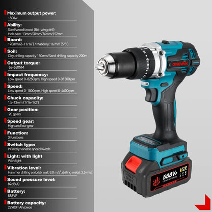 ONEVAN Perceuse À Percussion Brushless Couple Élevé 650 Nm 13 mm Pour Makita 18V - Manuzen