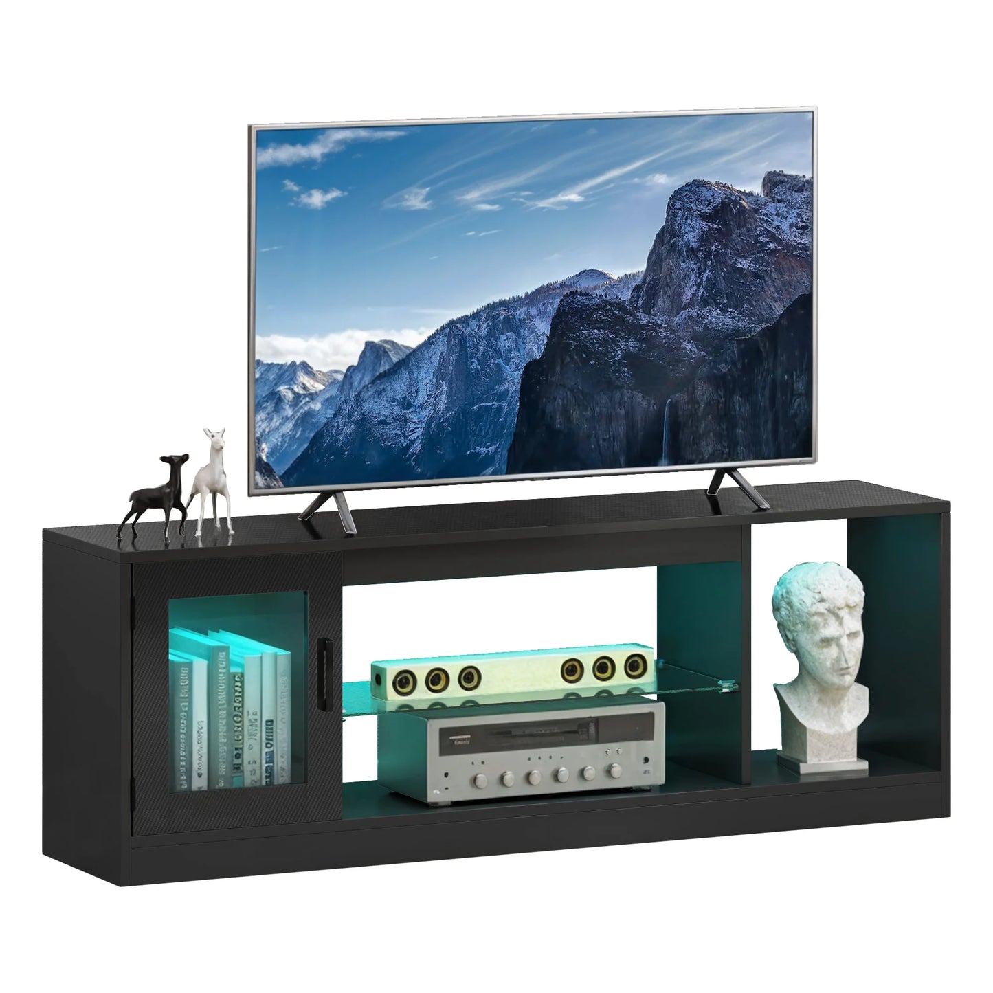 Meuble TV 148 cm – étagères en verre, finition noire