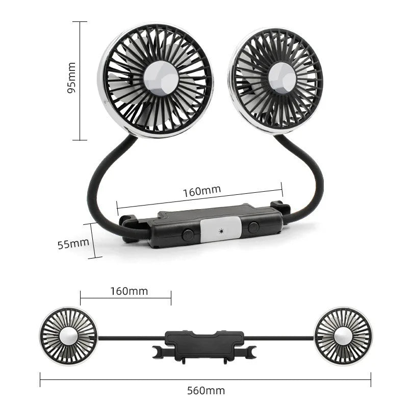 Ventilateur USB Pour Voiture Double Tête Puissant 3 Vitesses