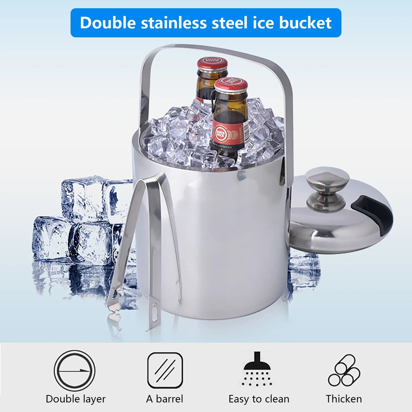 Seau À Glace Isolé Double Paroi 1,3 L Avec Pinces Et Couvercle