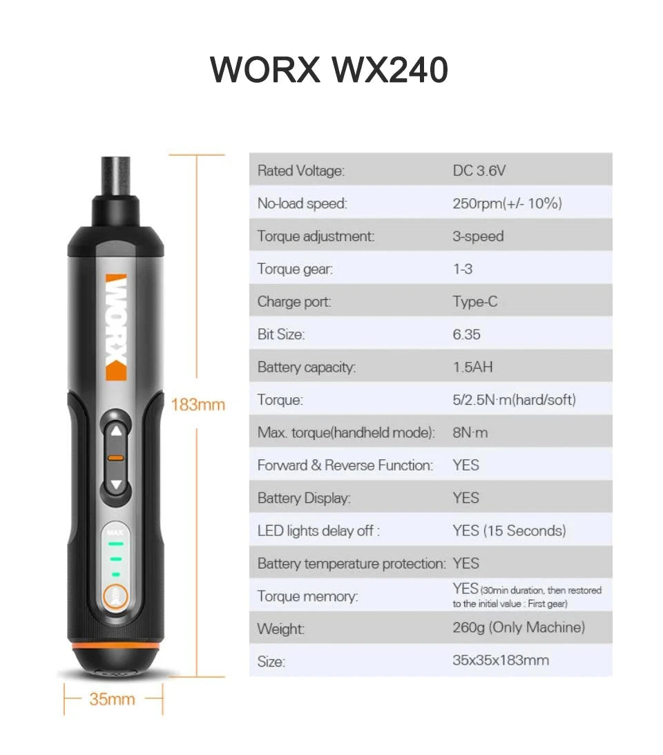 Worx 4V Tournevis Électrique Mini - Précision - Compatible WX240 WX241 WX242 WX240