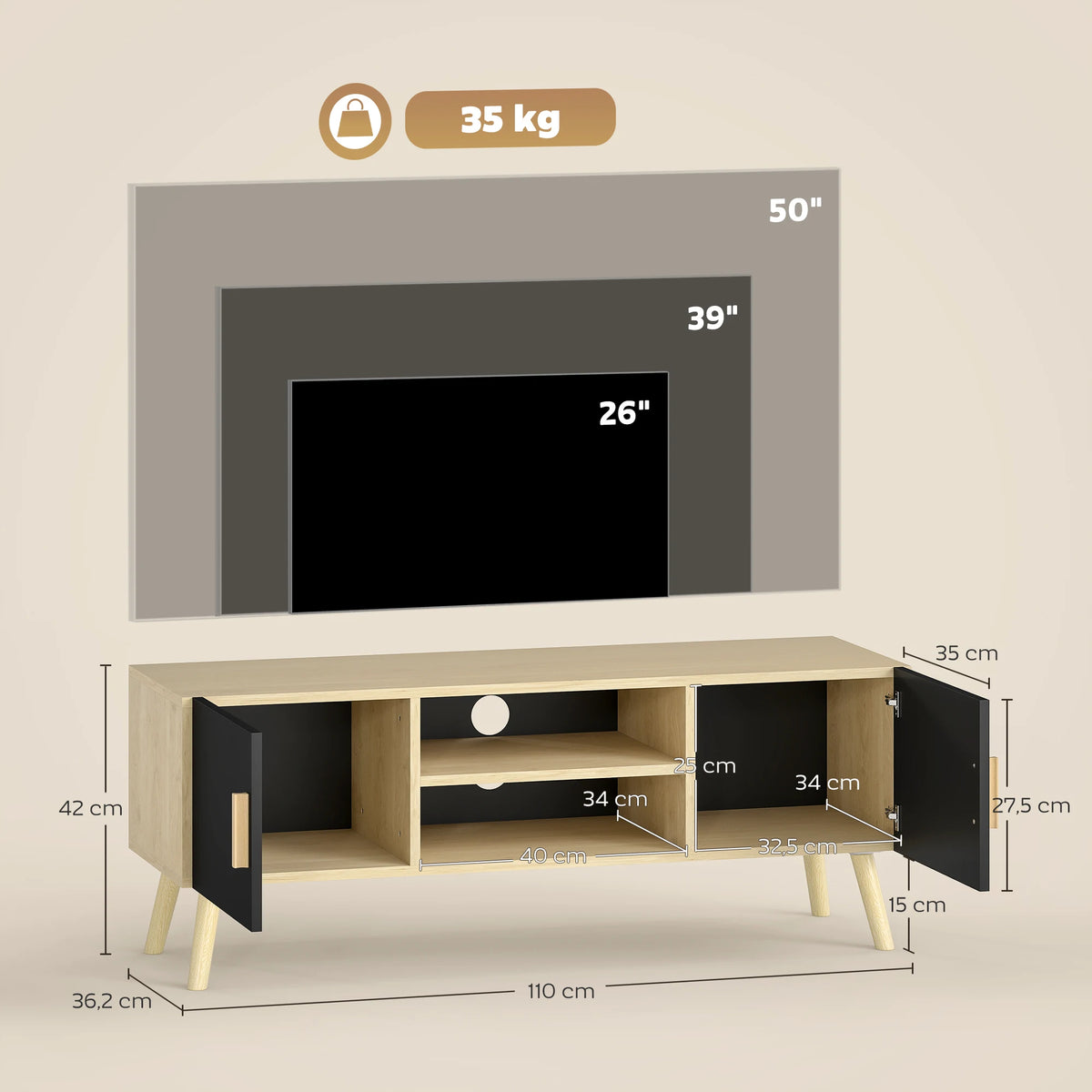Meuble TV 110 cm – 2 placards, niches et passe-câbles
