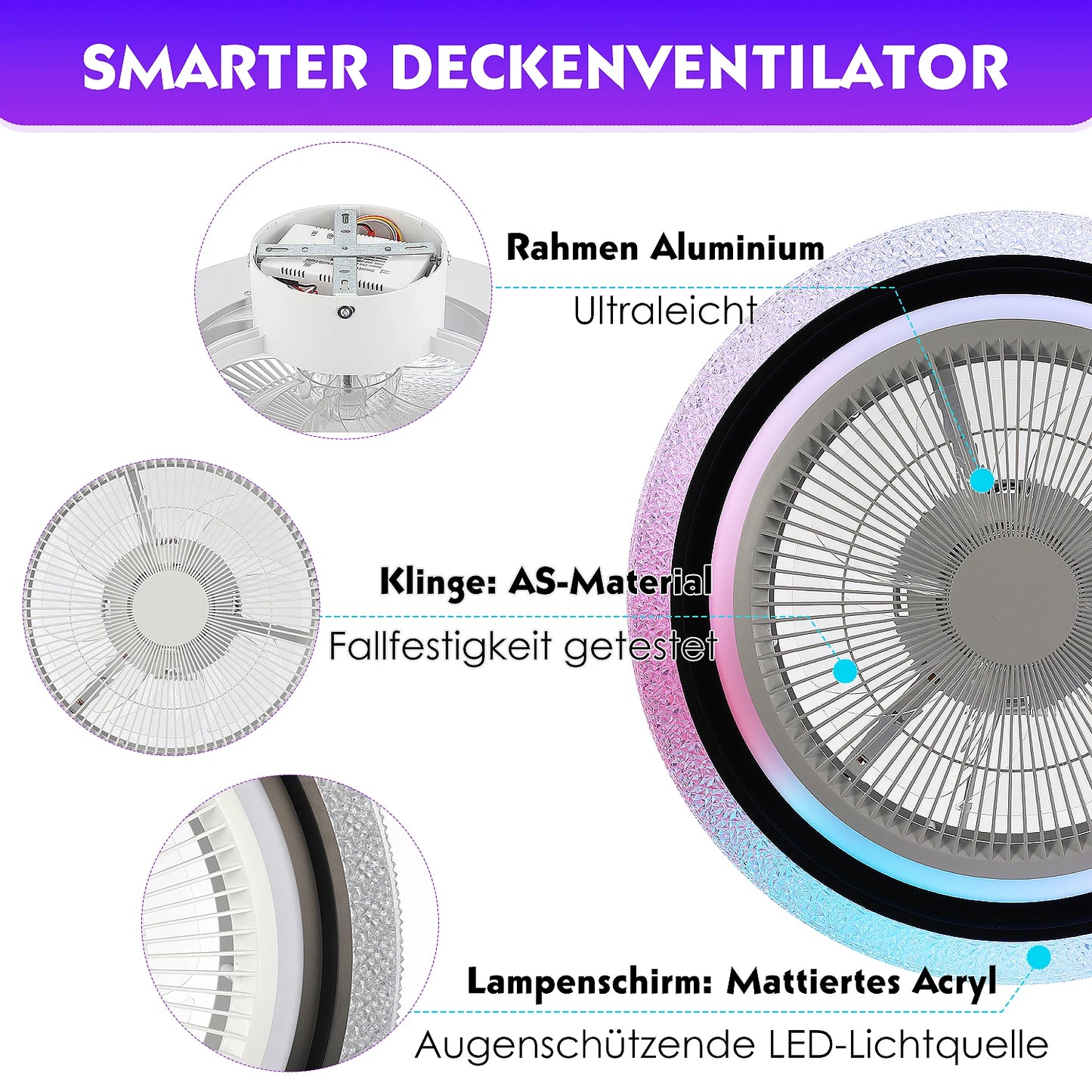 Ventilateur Plafond LED RVB 60 W Avec Gradation Infinie