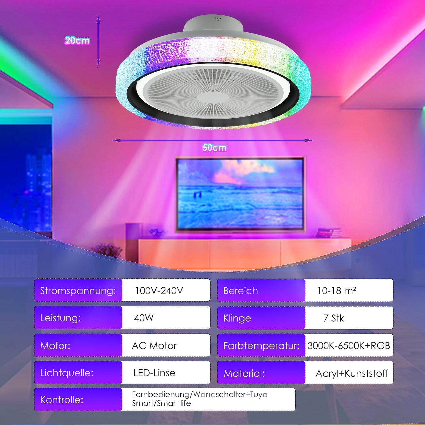 Ventilateur Plafond LED RVB 60 W Avec Gradation Infinie