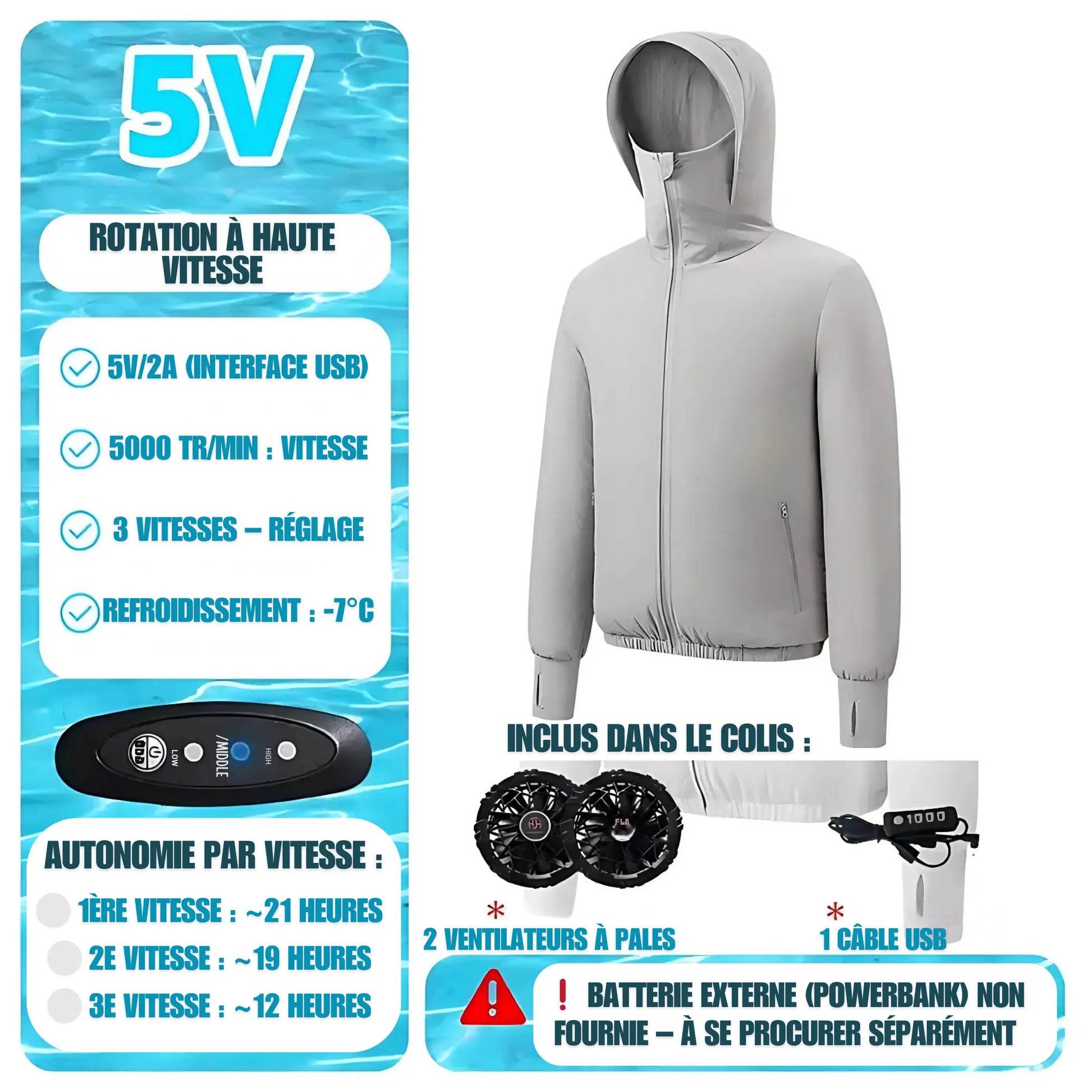 Venty - Veste climatisée USB Gris 5000 autonomie chaleur cheur climatis contre corps design duction elle facile haute jusqu portable pour rapide refroidissement respirant taille tissu toute usbveste ventilateurs ventilation venty veste vitesse vitesses