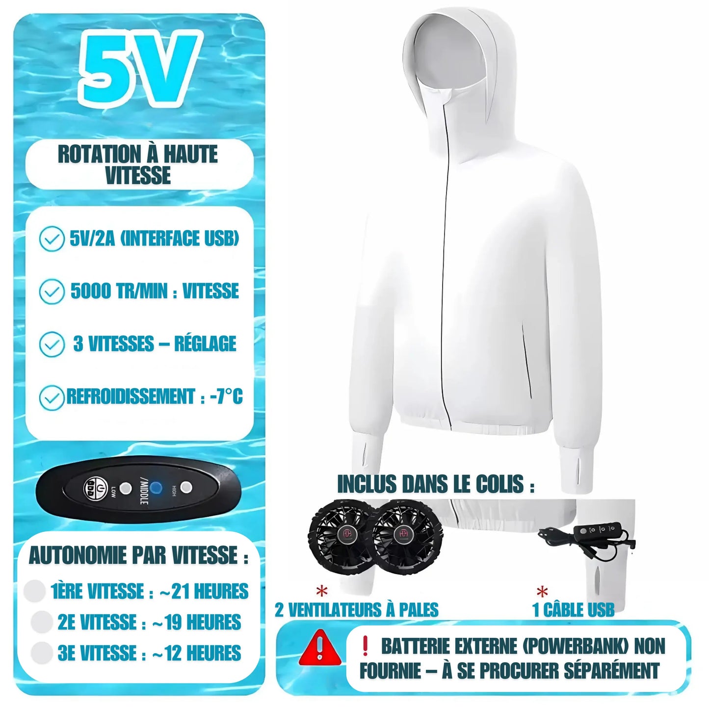 Venty - Veste climatisée USB Blanc 5000 autonomie chaleur cheur climatis contre corps design duction elle facile haute jusqu portable pour rapide refroidissement respirant taille tissu toute usbveste ventilateurs ventilation venty veste vitesse vitesses
