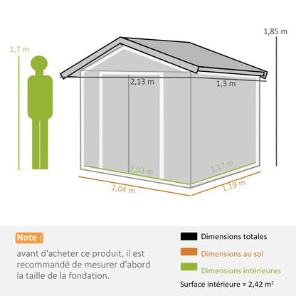 Abri de jardin métal 2,77 m² – 213 × 130 × 185 cm
