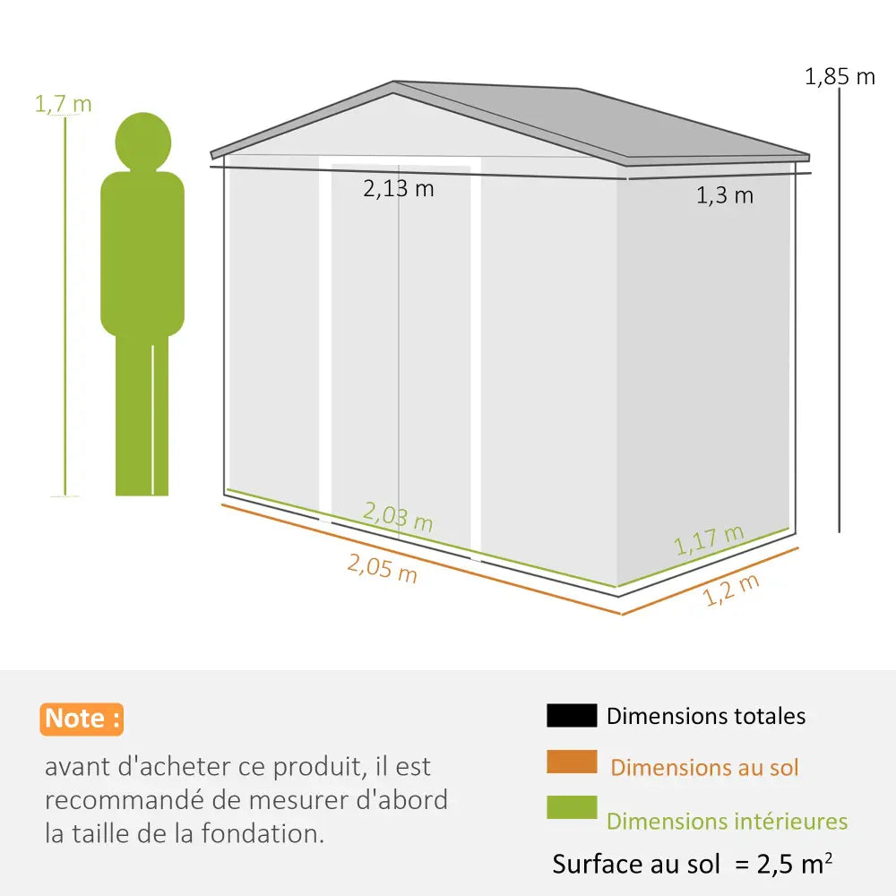 Abri de jardin métal 2,77 m² – 213 × 130 × 185 cm