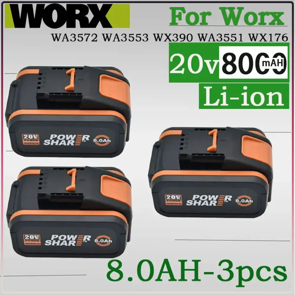Batterie compatible WORX 20 V 8 Ah – WA3551 WA3553 WA3641 - 3 batteries 20 V – 8 Ah / France - Batterie d’outil
