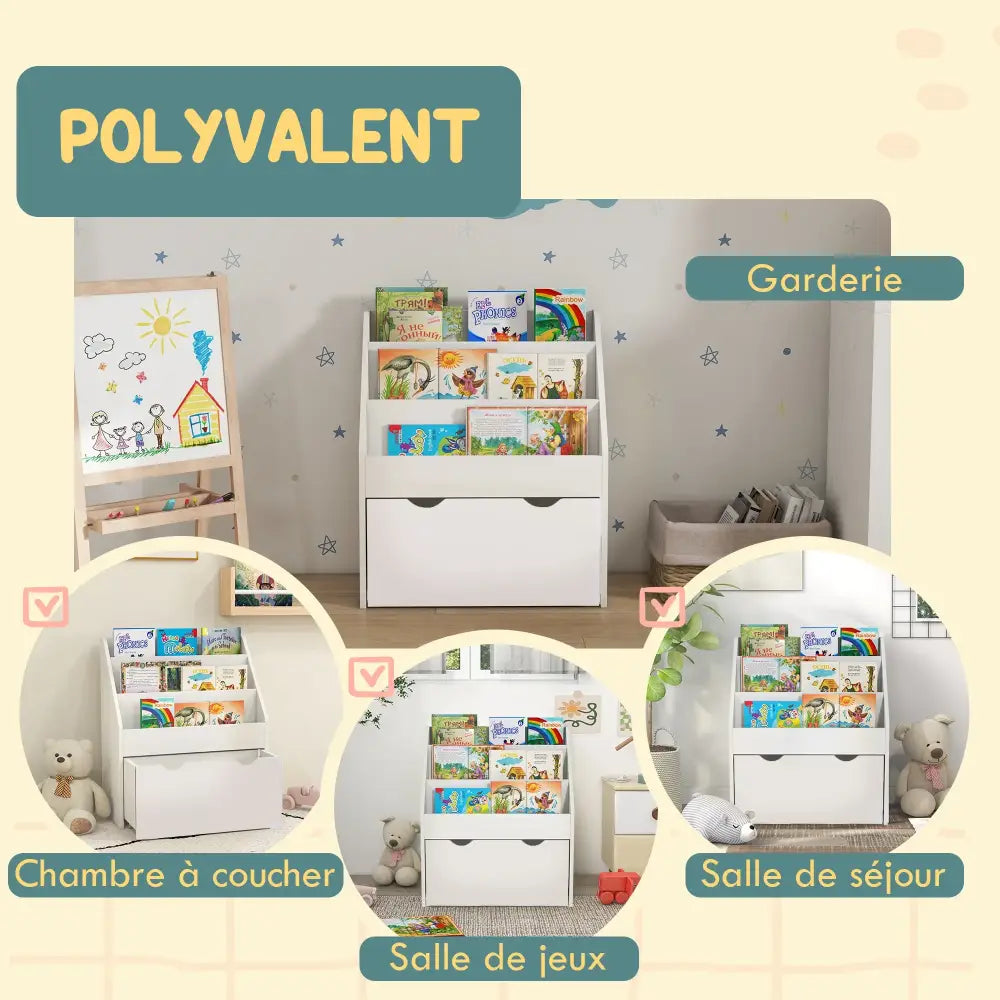 Bibliothèque enfant 3 niveaux avec tiroir – 62,5 cm - Ivoire / France - bibliothèque enfant avec tiroir