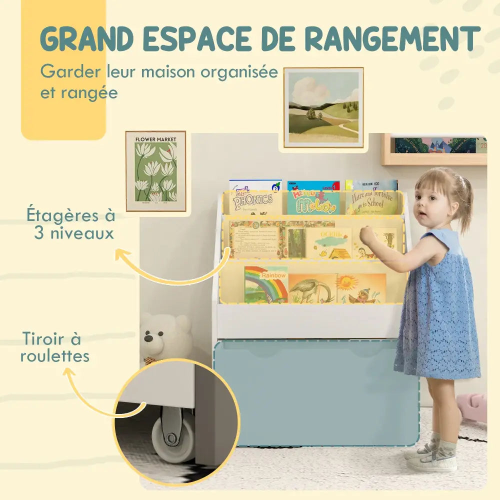 Bibliothèque enfant 3 niveaux avec tiroir – 62,5 cm - Ivoire / France - bibliothèque enfant avec tiroir