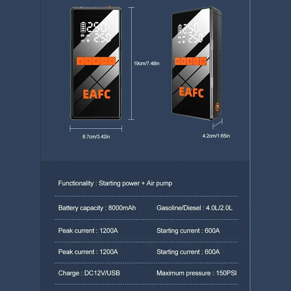 Booster batterie 1 200 A et gonfleur 150 PSI – 2 en 1 - booster gonfleur 1200A 150 PSI