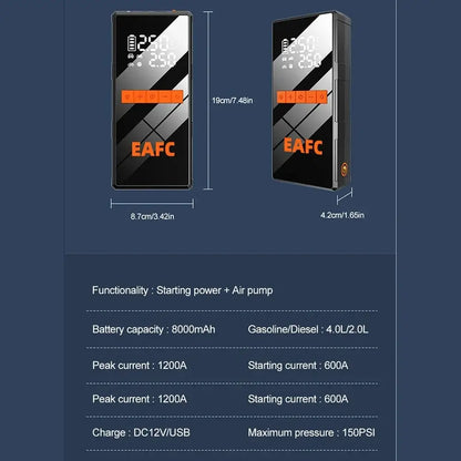 Booster batterie 1 200 A et gonfleur 150 PSI – 2 en 1 - booster gonfleur 1200A 150 PSI
