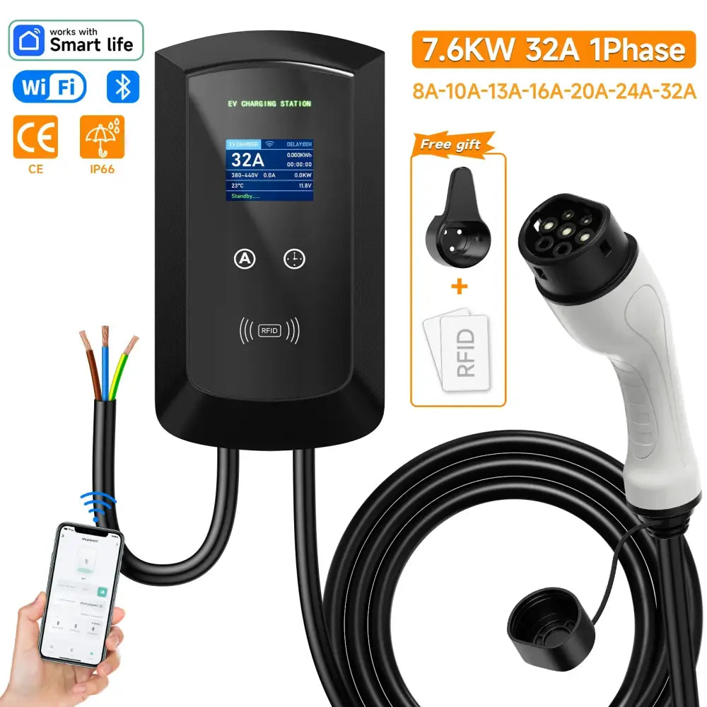 Borne de recharge Type 2 7,6 à 22 kW – câble 5 m IP66 - 7,6 kW / 32 A monophasé / France - Borne de recharge voiture