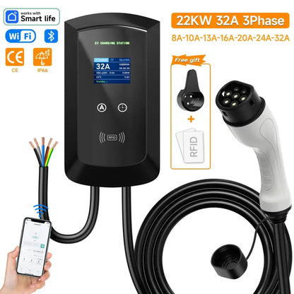 Borne de recharge Type 2 7,6 à 22 kW – câble 5 m IP66 - 22 kW / 32 A triphasé / France - Borne de recharge voiture