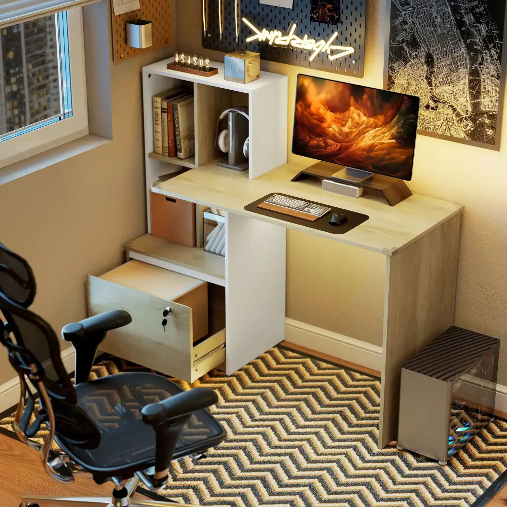 Bureau avec bibliothèque et tiroir à clé – 126 cm - Chêne et blanc / France - bureau bibliothèque tiroir verrouillable