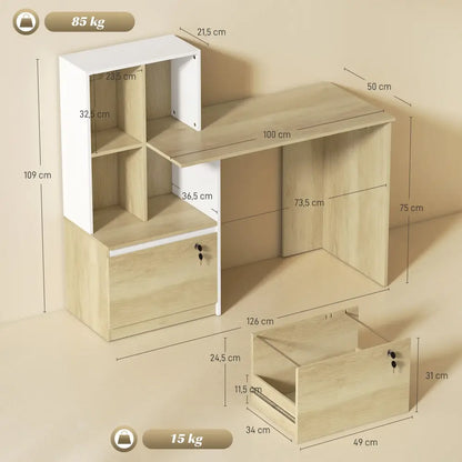 Bureau avec bibliothèque et tiroir à clé – 126 cm - Chêne et blanc / France - bureau bibliothèque tiroir verrouillable