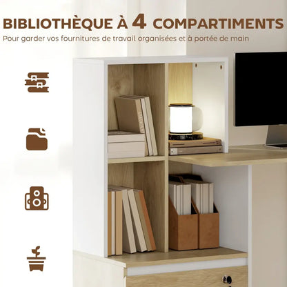 Bureau avec bibliothèque et tiroir à clé – 126 cm - Chêne et blanc / France - bureau bibliothèque tiroir verrouillable