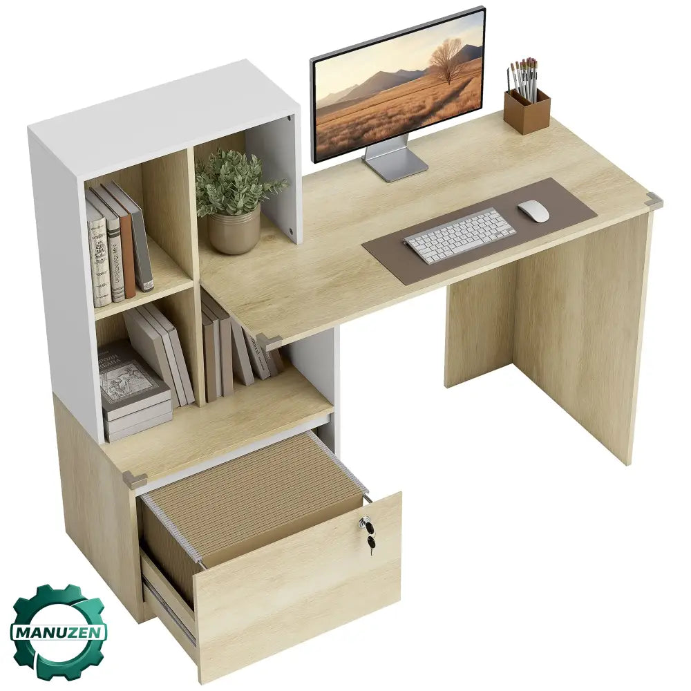 Bureau avec bibliothèque et tiroir à clé – 126 cm - Chêne et blanc / France - bureau bibliothèque tiroir verrouillable