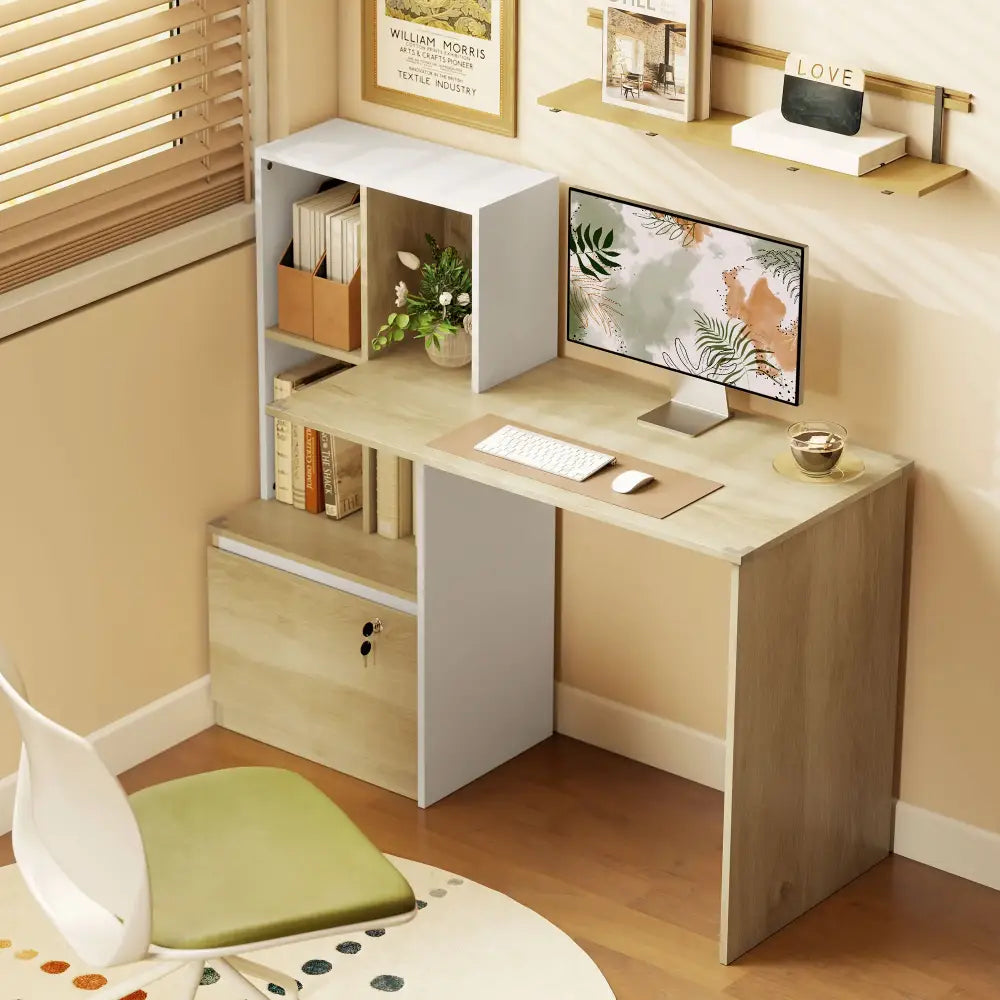 Bureau avec bibliothèque et tiroir à clé – 126 cm - Chêne et blanc / France - bureau bibliothèque tiroir verrouillable