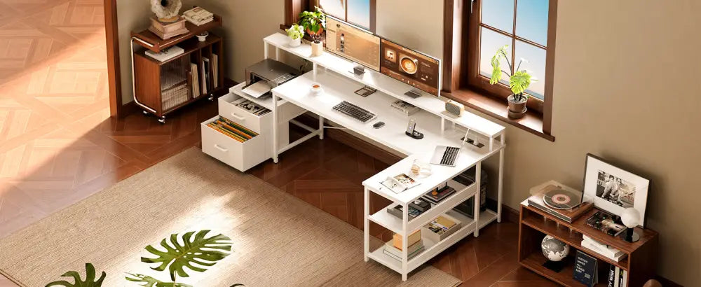 Bureau d’angle réversible avec tiroirs et prises USB – 168 ou 191 cm
